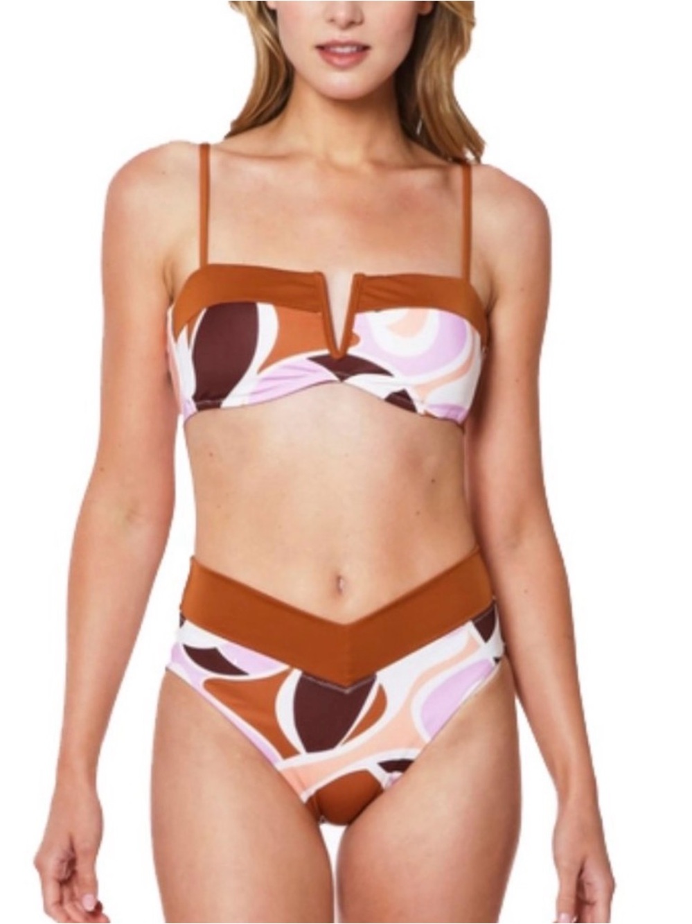 Sanctuary Nuveau Lion Cameo Retro Swirl Bandeau Bikini in Brown & Pink